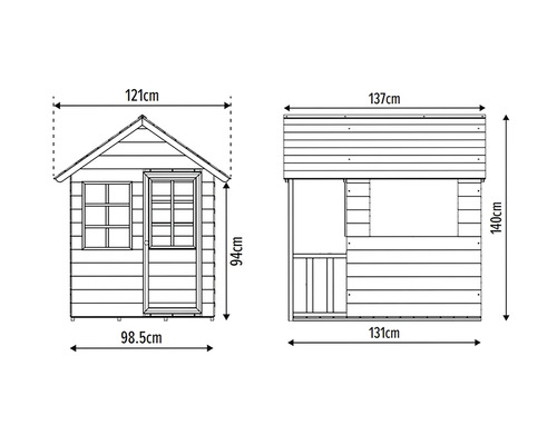 Dimensions de la maisonnette : vue latérale et vue de face avec indication de la hauteur et de la largeur en centimètres