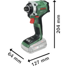 Bosch Akku-Schlagschrauber UniversalImpactDrive 18V-210 mit Abmessungen 204 Millimeter Höhe, 127 Millimeter Länge und 64 Millimeter Breite.