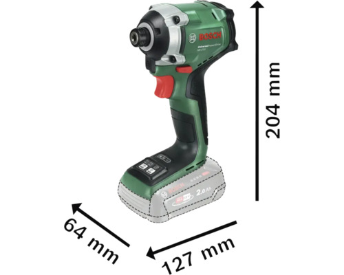 Bosch Akku-Schlagschrauber UniversalImpactDrive 18V-210 mit Abmessungen 204 Millimeter Höhe, 127 Millimeter Länge und 64 Millimeter Breite.