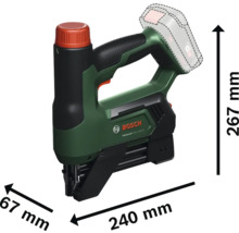 Agrafeuse sans fil Bosch AdvancedTacker 18V-140 avec dimensions: hauteur 267 millimètres, longueur 240 millimètres, largeur 67 millimètres.