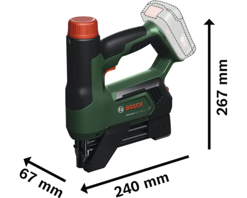 Agrafeuse sans fil Bosch AdvancedTacker 18V-140 avec dimensions: hauteur 267 millimètres, longueur 240 millimètres, largeur 67 millimètres.