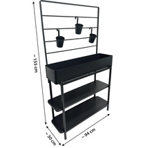 Schwarzes Pflanzenregal mit Pflanzkästen und Regalböden, circa 155 cm hoch, 94 cm breit und 30 cm tief.