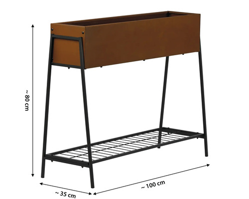 Jardinière rectangulaire en métal avec étagère, environ 80 x 100 x 35 cm
