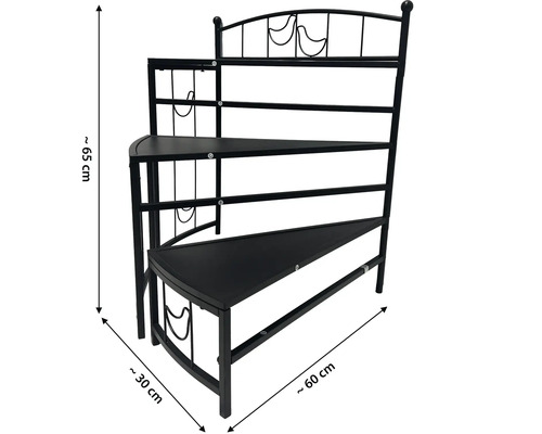 Dreistufiges Pflanzenregal aus Metall mit Abmessungen.
