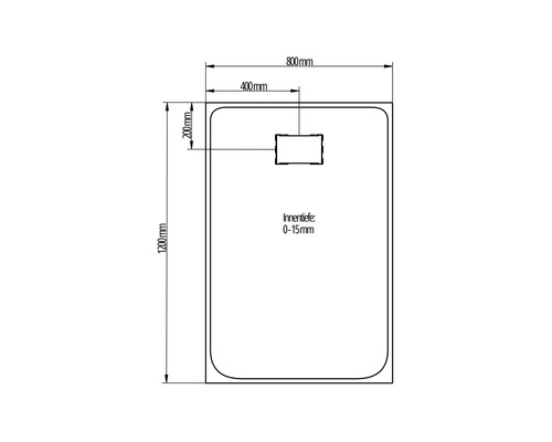 Technische Zeichnung einer Duschwanne mit den Maßen 1200 x 800 mm und einer Innentiefe von 0 bis 15 mm