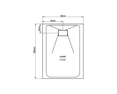 Technische Zeichnung einer Duschtasse mit Maßangaben: 1200 Millimeter Länge, 900 Millimeter Breite, 200 Millimeter Höhe, 450 Millimeter bis zum Ablauf, Innentiefe 0 bis 15 Millimeter