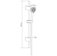 Zeichnung einer Duschgarnitur mit einer Länge von 660 mm und einem Duschkopf von 100 mm Durchmesser sowie einem Schlauch von 1,5 m Länge.