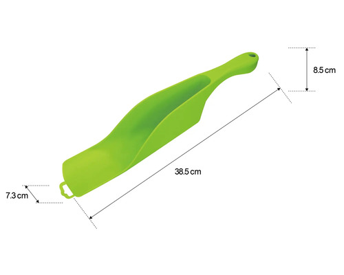 Pelle à aliments en plastique mesurant 38,5 cm de long, 8,5 cm de large et 7,3 cm de haut.