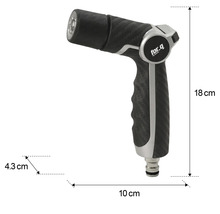 Lance d'arrosage avec dimensions : 18 cm de hauteur, 10 cm de longueur et 4,3 cm de largeur