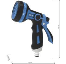 Gartenspritzpistole mit verschiedenen Strahlarten und den Maßen 19,4 cm Höhe, 15 cm Länge und 6,6 cm Breite.
