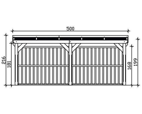 Technische Zeichnung eines Gerätehauses mit Größenangaben in Zentimetern