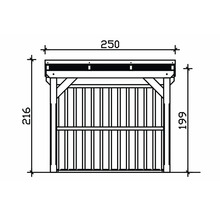 Plan technique d'une cabane de jardin avec dimensions 250 x 216 x 199 centimètres.