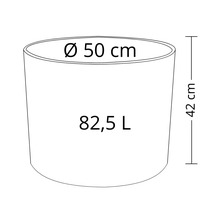 Skizze eines Pflanzgefäßes mit den Maßen 50 Zentimeter Durchmesser, 42 Zentimeter Höhe und 82,5 Liter Volumen