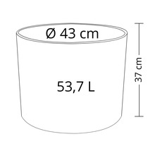 Schéma d'un pot de fleurs avec des dimensions de 43 centimètres de diamètre et 37 centimètres de hauteur, volume 53,7 litres