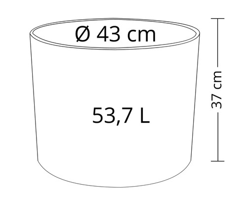Schéma d'un pot de fleurs avec des dimensions de 43 centimètres de diamètre et 37 centimètres de hauteur, volume 53,7 litres