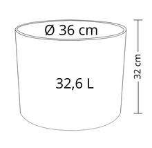 Dessin technique d'un pot de fleurs avec des dimensions de 36 cm de diamètre et 32 cm de hauteur ainsi qu'un volume de 32,6 litres