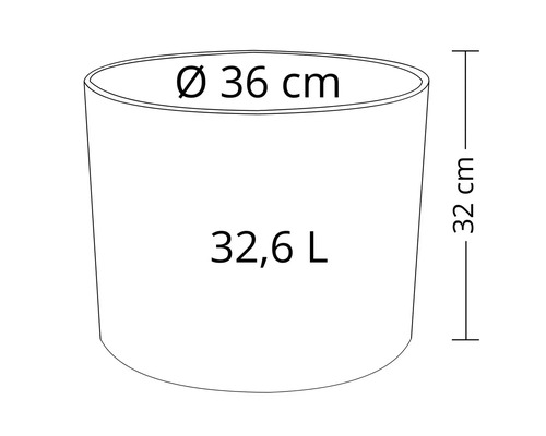Dessin technique d'un pot de fleurs avec des dimensions de 36 cm de diamètre et 32 cm de hauteur ainsi qu'un volume de 32,6 litres