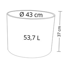 Schéma technique d'un bac à plantes avec des dimensions de 43 centimètres de diamètre et 37 centimètres de hauteur, et une capacité de 53,7 litres