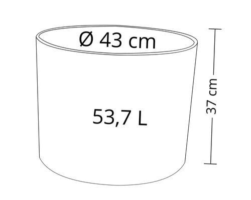 Schéma technique d'un bac à plantes avec des dimensions de 43 centimètres de diamètre et 37 centimètres de hauteur, et une capacité de 53,7 litres