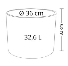 Schéma d'un pot de fleurs avec des dimensions de 36 centimètres de diamètre, 32 centimètres de hauteur et 32,6 litres de volume