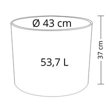 Dessin technique d'un pot de fleurs avec des dimensions de 43 cm de diamètre et 37 cm de hauteur, ainsi qu'un volume de 53,7 litres.