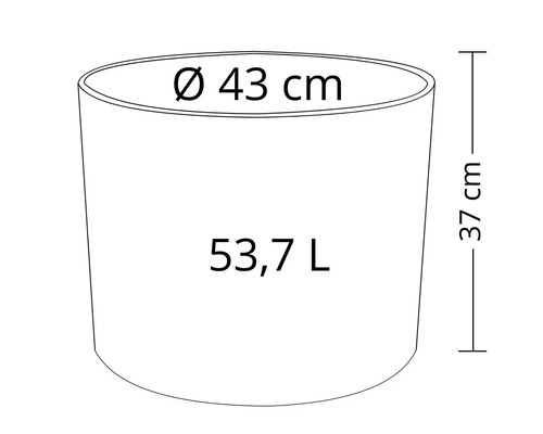 Dessin technique d'un pot de fleurs avec des dimensions de 43 cm de diamètre et 37 cm de hauteur, ainsi qu'un volume de 53,7 litres.