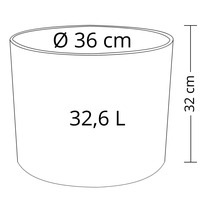 Schéma technique d'un pot de fleurs avec les dimensions diamètre 36 centimètres, hauteur 32 centimètres et volume 32,6 litres