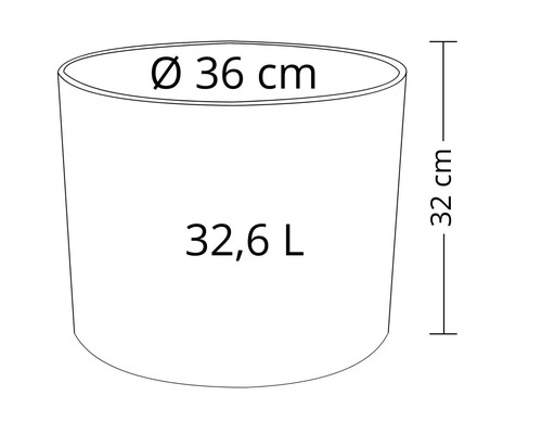 Schéma technique d'un pot de fleurs avec les dimensions diamètre 36 centimètres, hauteur 32 centimètres et volume 32,6 litres