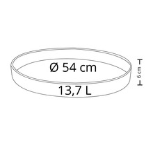 Skizze einer runden Pflanzschale mit einem Durchmesser von 54 Zentimetern, einer Höhe von 6 Zentimetern und einem Fassungsvermögen von 13,7 Litern
