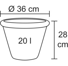 Schéma d'un pot de fleurs avec des dimensions de 36 centimètres de diamètre et 28 centimètres de hauteur, capacité 20 litres
