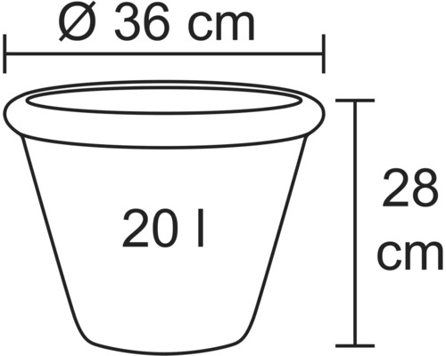 Schéma d'un pot de fleurs avec des dimensions de 36 centimètres de diamètre et 28 centimètres de hauteur, capacité 20 litres