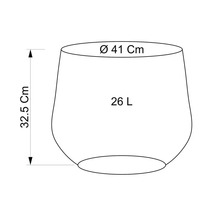 Schéma d'un pot de fleurs avec des dimensions de 41 centimètres de diamètre, 32,5 centimètres de hauteur et 26 litres de volume