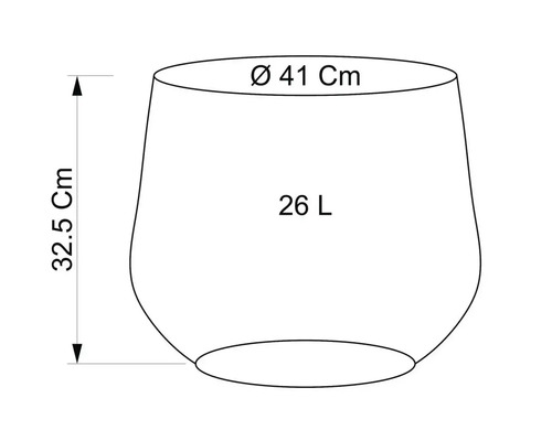Schéma d'un pot de fleurs avec des dimensions de 41 centimètres de diamètre, 32,5 centimètres de hauteur et 26 litres de volume