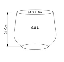 Schéma d'un pot de fleurs avec des dimensions de 30 centimètres de diamètre, 24 centimètres de hauteur et un volume de 9,8 litres