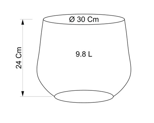 Schéma d'un pot de fleurs avec des dimensions de 30 centimètres de diamètre, 24 centimètres de hauteur et un volume de 9,8 litres