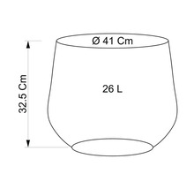 Schéma d'un pot de fleurs avec des dimensions de 32,5 cm de hauteur, 41 cm de diamètre et un volume de 26 litres.