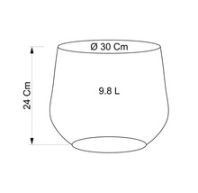 Schéma d'un pot de fleurs avec des dimensions de 30 cm de diamètre, 24 cm de hauteur et une capacité de 9,8 litres