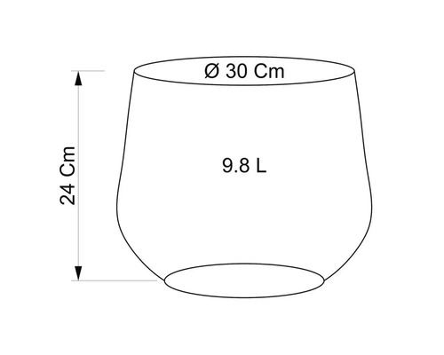 Schéma d'un pot de fleurs avec des dimensions de 30 cm de diamètre, 24 cm de hauteur et une capacité de 9,8 litres