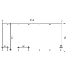 Technische Zeichnung mit Maßangaben: Länge 860, Breite 402, Lochabstand 141 und Lochdurchmesser 15.