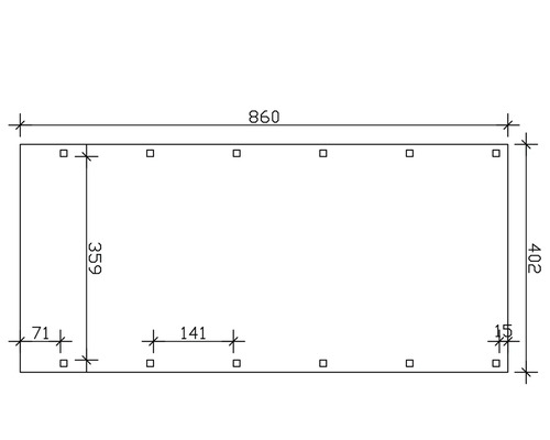 Technische Zeichnung mit Maßangaben: Länge 860, Breite 402, Lochabstand 141 und Lochdurchmesser 15.