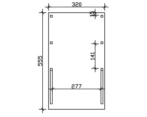 Dessin technique avec dimensions : hauteur 555, largeur 320, distance entre les trous de perçage en haut 15, distance entre les trous de perçage sur le côté 141, distance entre les éléments latéraux 277