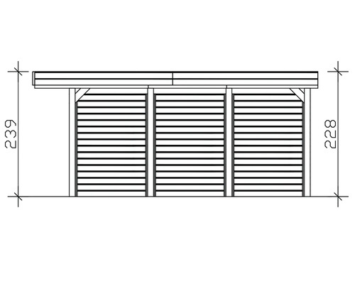 Technische Zeichnung eines Gerätehauses mit den Maßen 239 mal 228 Zentimeter