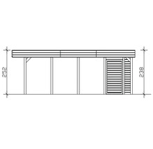Technische Zeichnung einer Terrassenüberdachung mit Tür und Maßangaben.