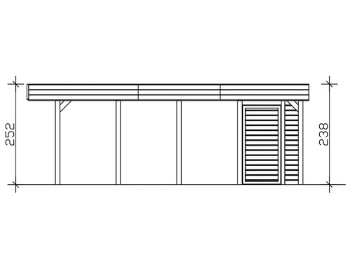 Technische Zeichnung einer Terrassenüberdachung mit Tür und Maßangaben.