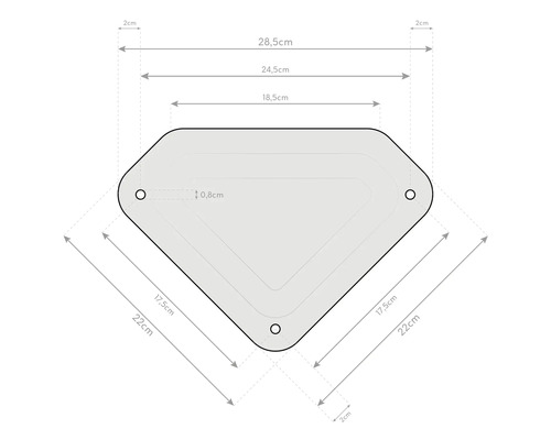 Dimensions d'une plaque avec trois trous et des coins arrondis