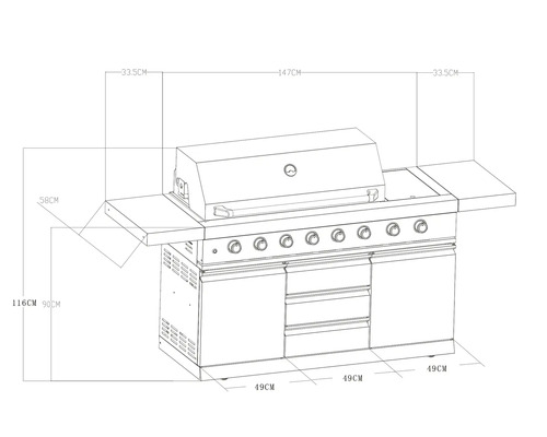 Dessin technique d'un gril à gaz avec dimensions.