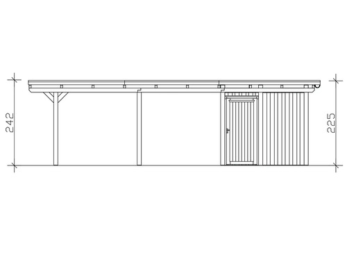 Dessin technique d'un carport avec remise, vue latérale, dimensions 242 sur 225 centimètres