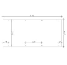 Technische Zeichnung mit Maßangaben: Länge 846, Breite 402, Lochabstand 230, Seitenabstand 74 und 34, Lochreihenabstand 352