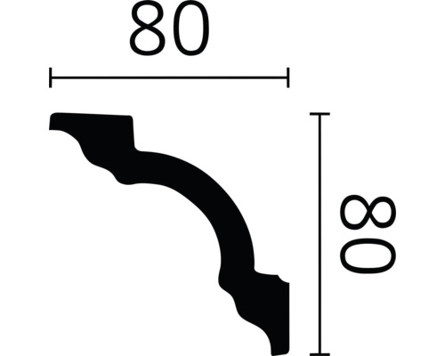 Représentation dimensionnelle d'une moulure décorative de 80 x 80 millimètres.