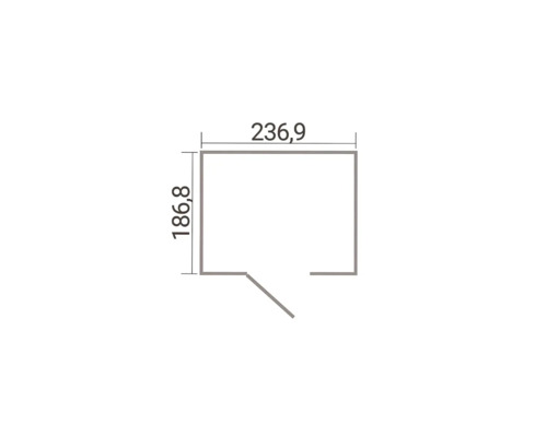 Maßzeichnung vun engem Gaardenhaus mat de Moosse 236,9 mol 186,8 Zentimeter.